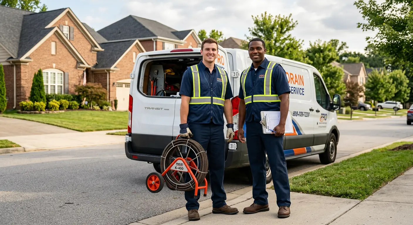 Sewer and drain service team with equipment ready for work in Ira