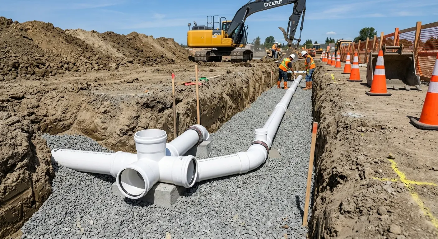 New PVC sewer pipe installation in open trench for Sewer Camera Inspection in Ira