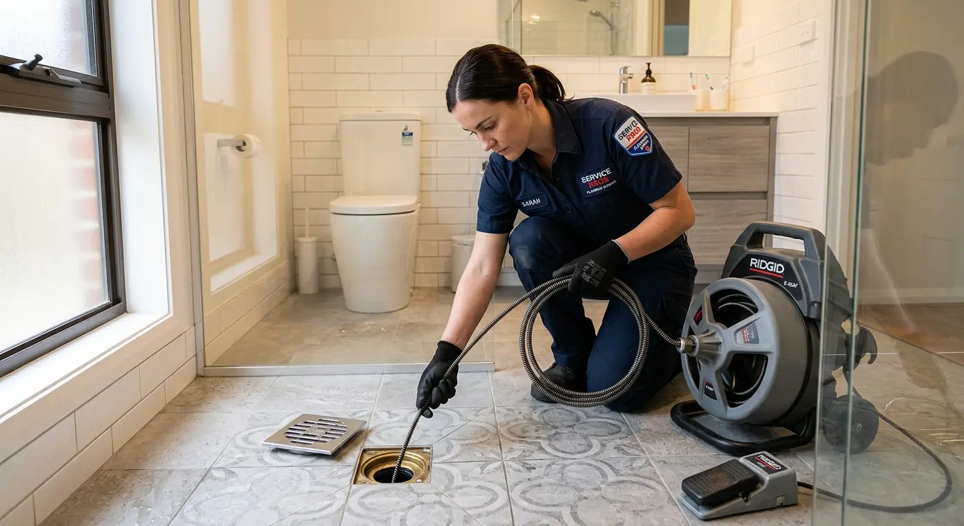 Technician clearing a bathroom floor drain for Drain Repair in Ira